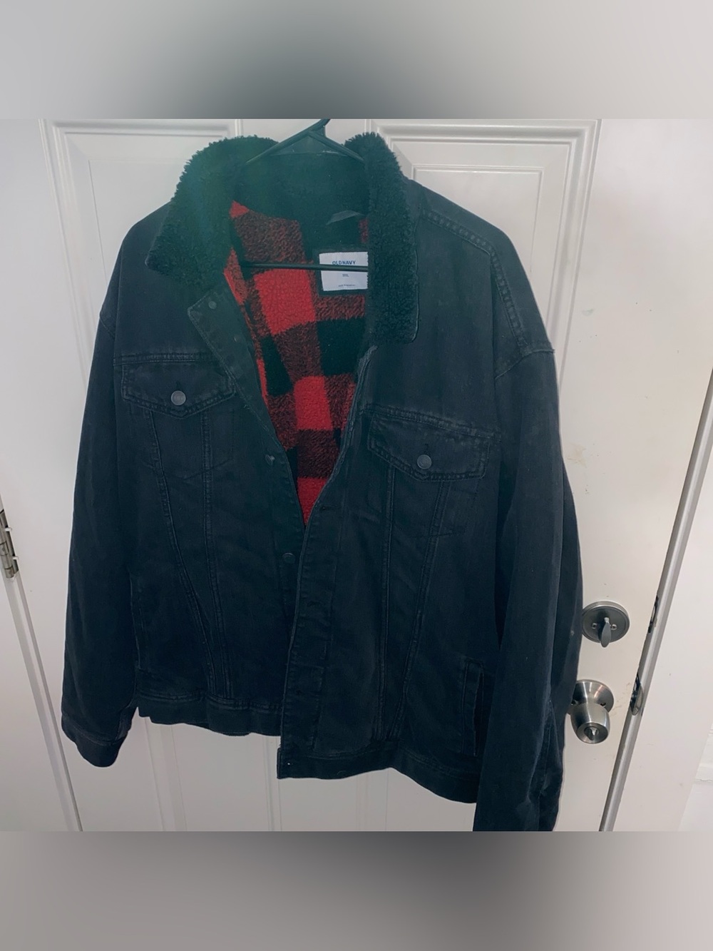 Old Navy Black Sherpa-Trim Field Jacket with Red Plaid Lining
